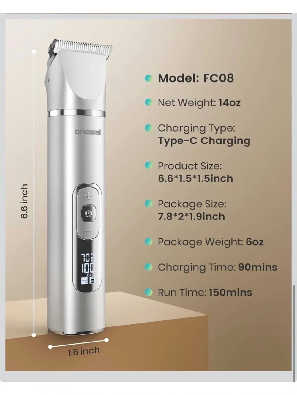 oneisall 4 in 1 Dog Grooming Kit with LCD Display - Rechargeable Pet Hair Trimer